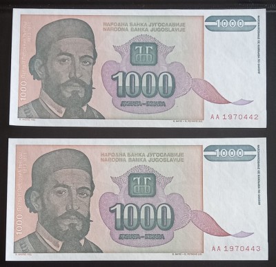 Yugoslavia, 2 x 1.000 Dinari 1994, UNC, Consecutive. foto