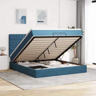 vidaXL Cadru pat otoman cu saltele Albastru &amp;icirc;nchis 160x200cm catifea 3313557 foto