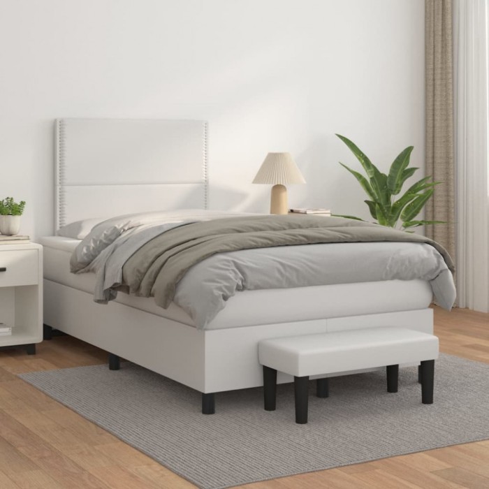 vidaXL Pat box spring cu saltea, alb, 120x200 cm, piele ecologică 3137594