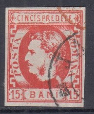ROMANIA 1869 LP 27 REGELE CAROL I CU FAVORITI 15 BANI ROSU STAMPILAT IASI foto