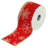 Panglică Decorativă Crăciun, Model Fulgi Zăpadă, Roșu, Auriu, 5m x 63mm, Oem