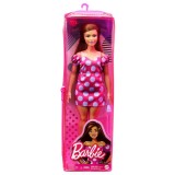 Papusa Barbie Fashionista satena cu rochie roz cu buline, 3 ani+, Mattel