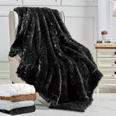 Psh Pătură cu blană artificială, pătură mare neagră pentru canapea și pat, pătur