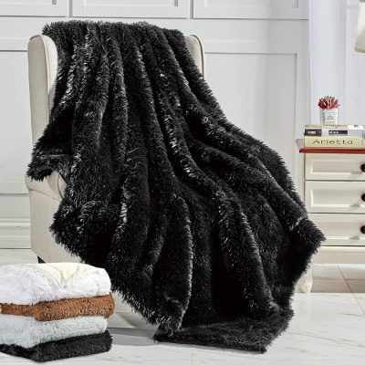 Psh Pătură cu blană artificială, pătură mare neagră pentru canapea și pat, pătur foto