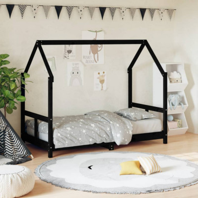 vidaXL Cadru de pat pentru copii, negru, 80x160 cm, lemn masiv de pin foto
