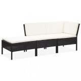 Set mobilier de gradina cu perne, 3 piese, negru, poliratan