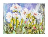 Tablou 3D pictat manual, Flori albe in camp, stilizat, 40x30cm acril pe panza in cutit, Kenny Varniote