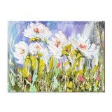 Tablou 3D pictat manual, Flori albe in camp, stilizat, 40x30cm acril pe panza in cutit, Kenny Varniote