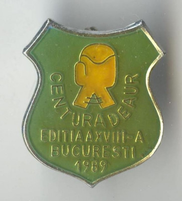 Insigna BOX - Centura de aur - Bucuresti 1989, varianta culoare foto