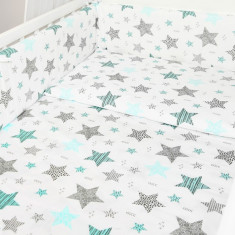 Lenjerie patut 3 piese cu protectie laterala pentru patut 120x60 cm Mint Stars