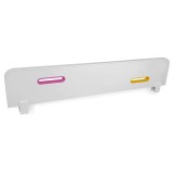 Protectie laterala pentru pat copii, detasabila, cu decupaje si ornamente colorate, cleme prindere, Pal Melaminat, 70x14 cm, alb