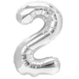 Balon din Folie Metalizata, Figurina Cifra, Tema Aniversare 80 cm, Ambalaj Individual, Pai inclus, Umflare cu Aer sau Heliu, Argintiu, Cifra 2