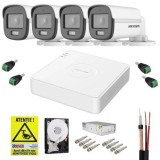 Sistem supraveghere cu functii inteligente Hikvision, 4 camere 5MP 3K, ColorVu, Microfon, Lumina Alba 20m, DVR 4 canale 5MP, Accesorii incluse, HDD 50
