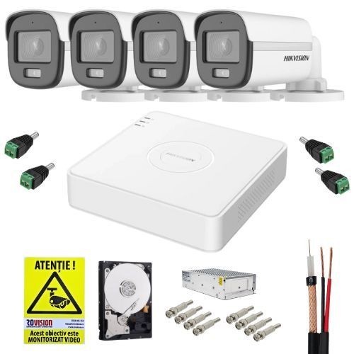 Sistem supraveghere cu functii inteligente Hikvision, 4 camere 5MP 3K, ColorVu, Microfon, Lumina Alba 20m, DVR 4 canale 5MP, Accesorii incluse, HDD 50