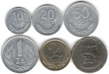 POLONIA LOT / SET Nr 4 : 6 buc , 10 + 20 + 50 Groszy + 1 + 2 + 5 Zloti 1983