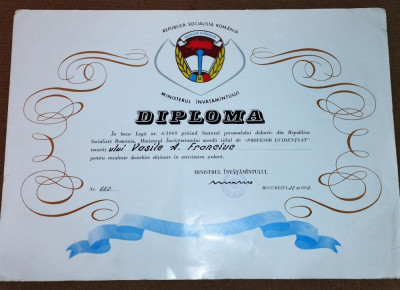 AMS# - DIPLOMA R.S.R. TITLU PROFESOR EVIDENTIAT 1970 - RARA foto