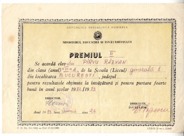 QW13 11 - 1983 - diploma - clasa 6 - Scoala generala nr 1 - Bucuresti