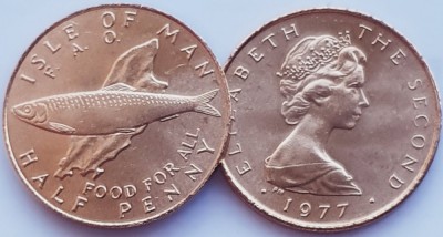 01B11 Insula Man 1/2 penny 1977 Elizabeth II (F.A.O. Food For All) km 40 foto