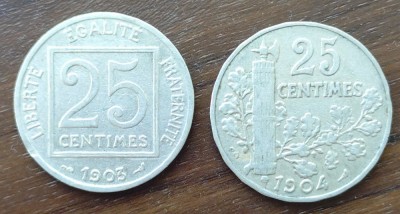 Lot 2 monede Franța 25 Cents 1903 și 1904 foto