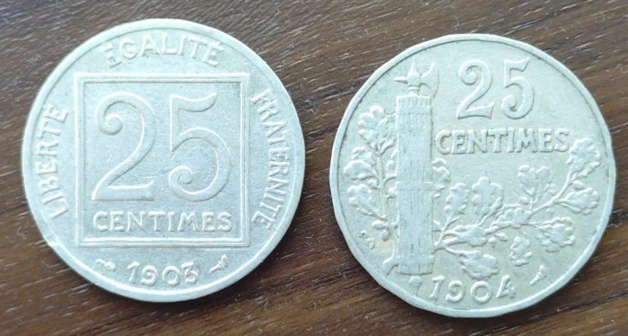 Lot 2 monede Franța 25 Cents 1903 și 1904