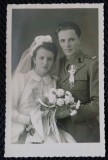 Fotografie tip Carte Postala, Mire (militara) si mireasa, perioada interbelica