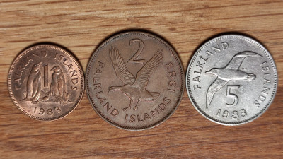 Falkland / Falklands -set raritati exotice- 1 penny 2 + 5 pence 1983 - pasari ! foto