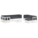 Set mobilier de gradina cu perne, 10 piese, alb, lemn masiv