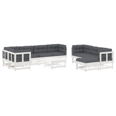 Set mobilier de gradina cu perne, 10 piese, alb, lemn masiv foto