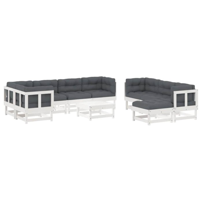 Set mobilier de gradina cu perne, 10 piese, alb, lemn masiv
