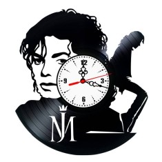 Ceas de perete din disc vinil, Tematică Michael Jackson, Design King of Pop cu Portret și Logo, Negru, 30 cm