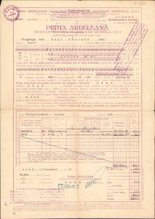 HST A2063 Poliță asigurare 1937 Prima Ardeleană Cluj filiala Arad