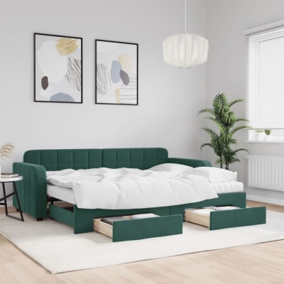 vidaXL Pat de zi cu extensie și sertare verde &amp;icirc;nchis 80x200 cm catifea 3196996 foto
