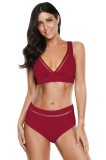 Costum Baie 2 Piese Dama, Sutien Burete, Chilot Talie Inalta, Visiniu. Bretele Ajustabile, Captusit, Inchidere Metalica