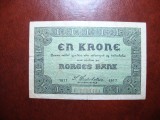 Norvegia 1 Krone 1917, Bancnota Veche, Stare Buna