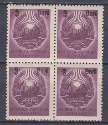 1952 LP 317 STEMA RPR SUPRATIPAR 3 BANI/4LEI EROARE &amp;rdquo;8 BANI&amp;bdquo;DREAPTA JOS BLOC MNH foto