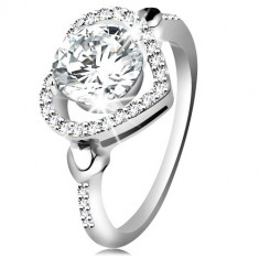 Inel din argint 925, zirconiu mare şi transparent în contur de inimă strălucitoare - Marime inel: 60