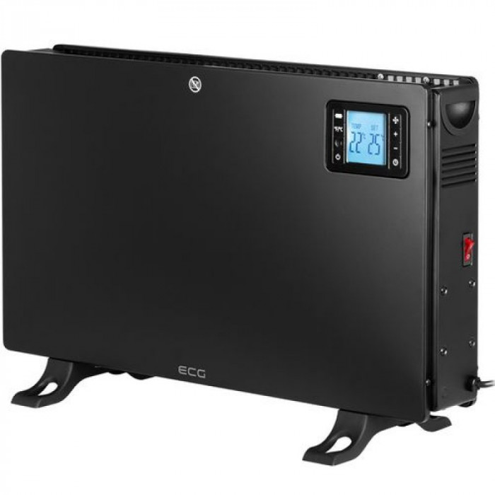 Convector electric de podea ECG, 2000 W, 3 trepte, termostat, ecran LCD, timer, ventilator turbo, telecomanda, metal, Negru