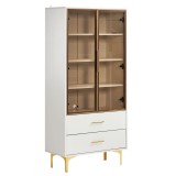 Vitrină Elegantă din Sticlă, cu Picioare Aurii și Rafturi Reglabile, Iluminare LED Multicoloră, potrivită pentru living, birou, 70x35x150 cm, Albă
