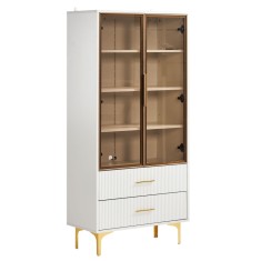 Vitrină Elegantă din Sticlă, cu Picioare Aurii și Rafturi Reglabile, Iluminare LED Multicoloră, potrivită pentru living, birou, 70x35x150 cm, Albă