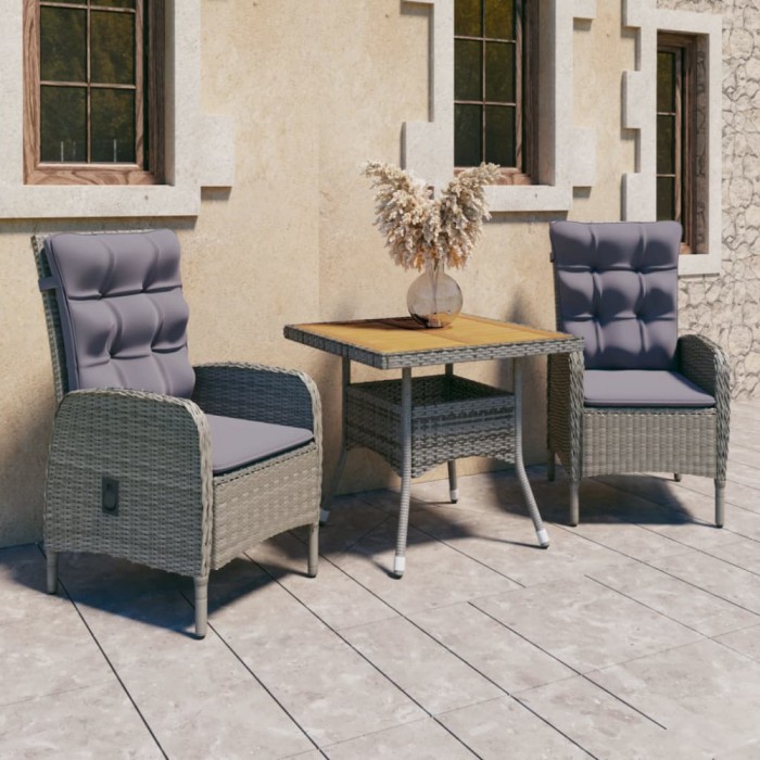 vidaXL Set mobilier grădină, 3 piese, gri, poliratan și lemn acacia 3058523