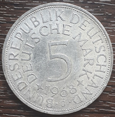 (A871) MONEDA DIN ARGINT GERMANIA - 5 MARK 1968, LIT J, 11,2 GRAME. PURITATE 625 foto