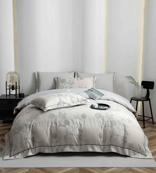 Lenjerie de lux pentru pat dublu,bumbac finet,6 piese,cearceaf cu elastic,gri,imprimeu cu flori-A1007