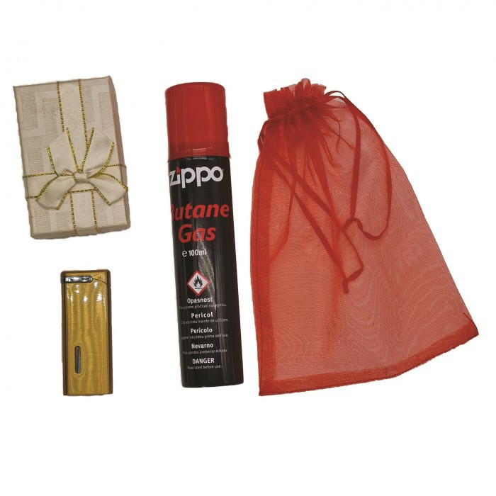 Set Bricheta anti-vant, metalica, aurie, cutie cadou, Gaz incarcare bricheta Zippo, 100 ml, saculet cadou, b8