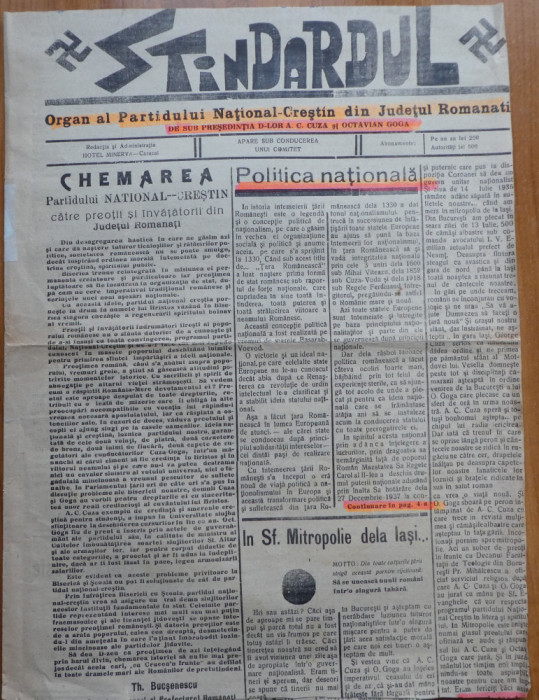 Ziarul Stindardul, organ al Partidului National Crestin din Jud. Romanati, 1937