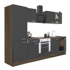 Mobilă de bucătărie Yorki 270, corp stejar Yorki, față antracit satinat cu element cuptor inferior, dulap cu rafturi