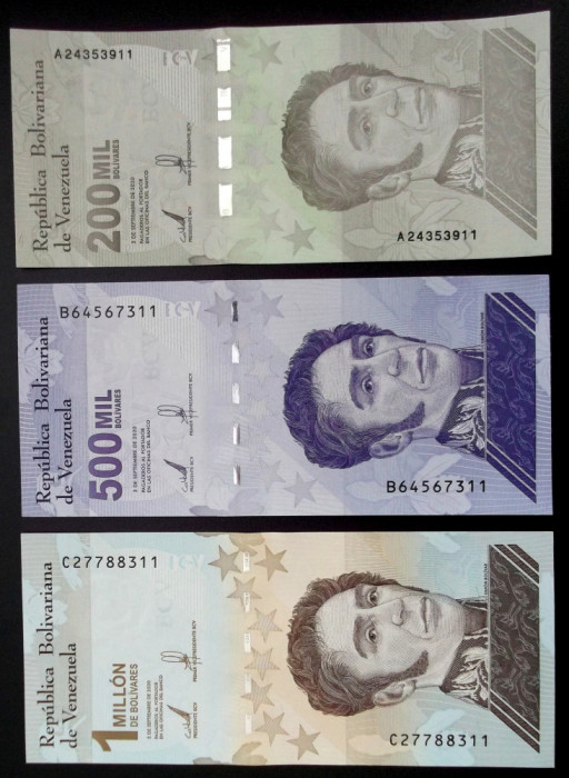 Venezuela set / lot 200000 + 500000 + 1 Million Bolivares Soberano 2020 UNC **