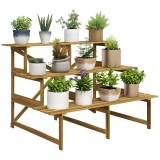 Suport de plante Outsunny cu 3 etaje, pliabil, &icirc;nalt de 78 cm, stand de flori pentru interior și exterior, raft de plante din lemn, suport de flori cu