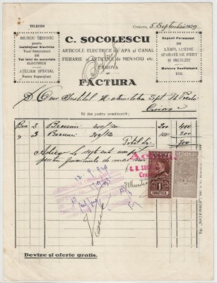 Romania, C. Socolescu, Articole Electrice de Apa si Canal, Factura, Craiova, 1929 foto