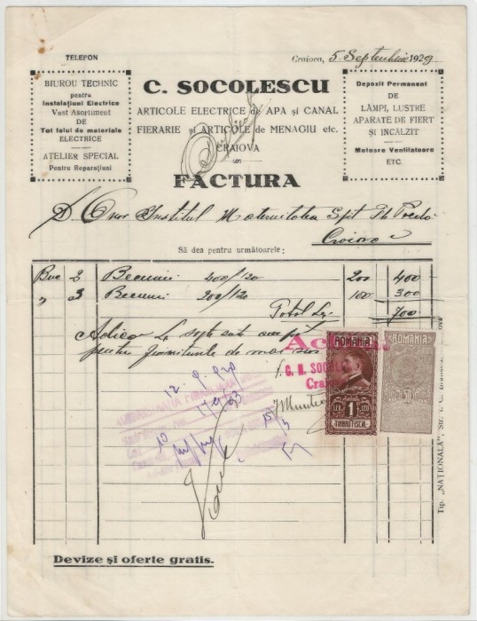 Romania, C. Socolescu, Articole Electrice de Apa si Canal, Factura, Craiova, 1929