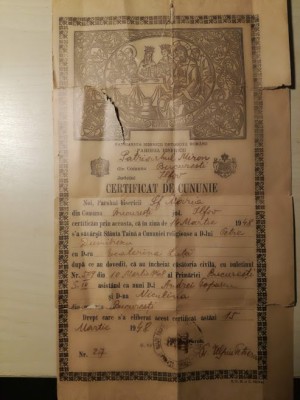 Certif cununie ortodoxa, 1948, semnat pr. Ulpiu Petrescu, parohia Patriarh Miron foto